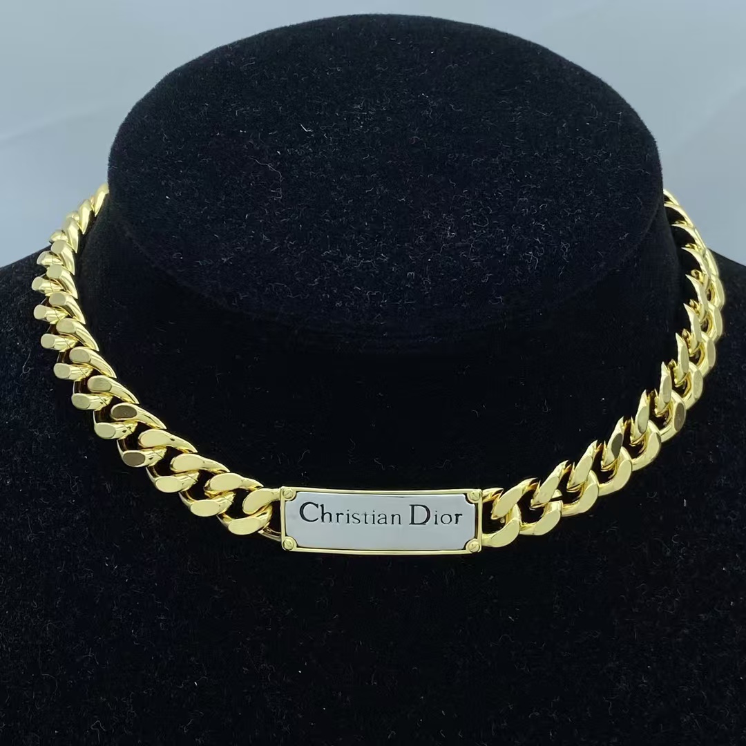 Replica Dior Christian Dior Plate Gold-Finish Chunky Cuban Chain Choker Necklace
