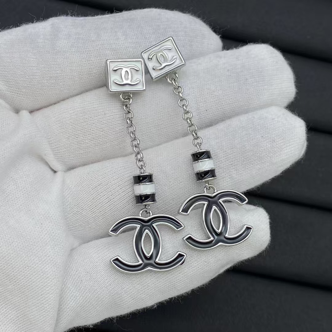 Replica Chanel Black White Enamel Chain Tassel with Double C Earrings