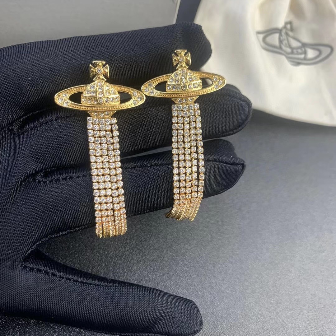 Replica Vivienne Westwood Party Queen Rhinestone Tassel Saturn Earrings