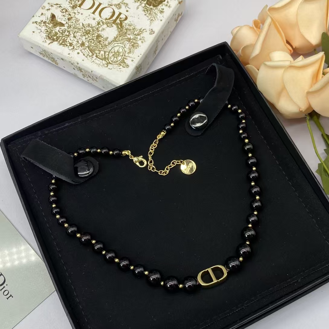 Replica Dior CD Pendant Black Pearl Necklace
