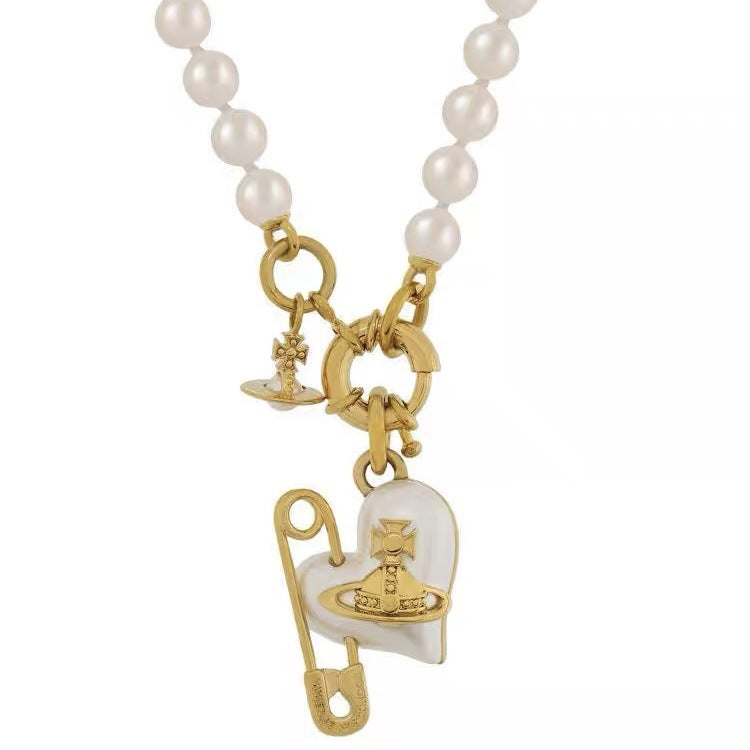 Replica Vivienne Westwood Heart Paperclip Saturn Pearl Necklace