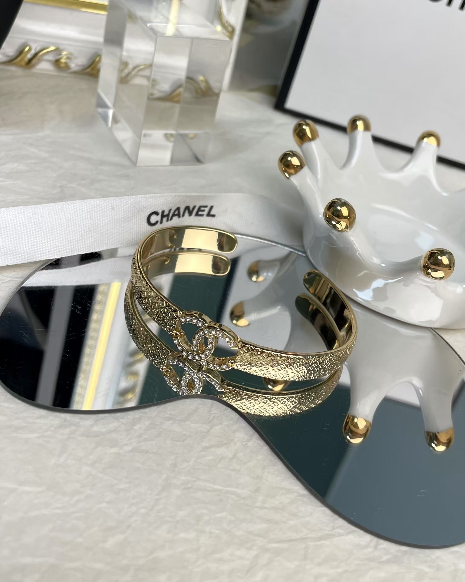Replica Chanel Hollow Diamond Paved Double C Open Bangle Bracelet