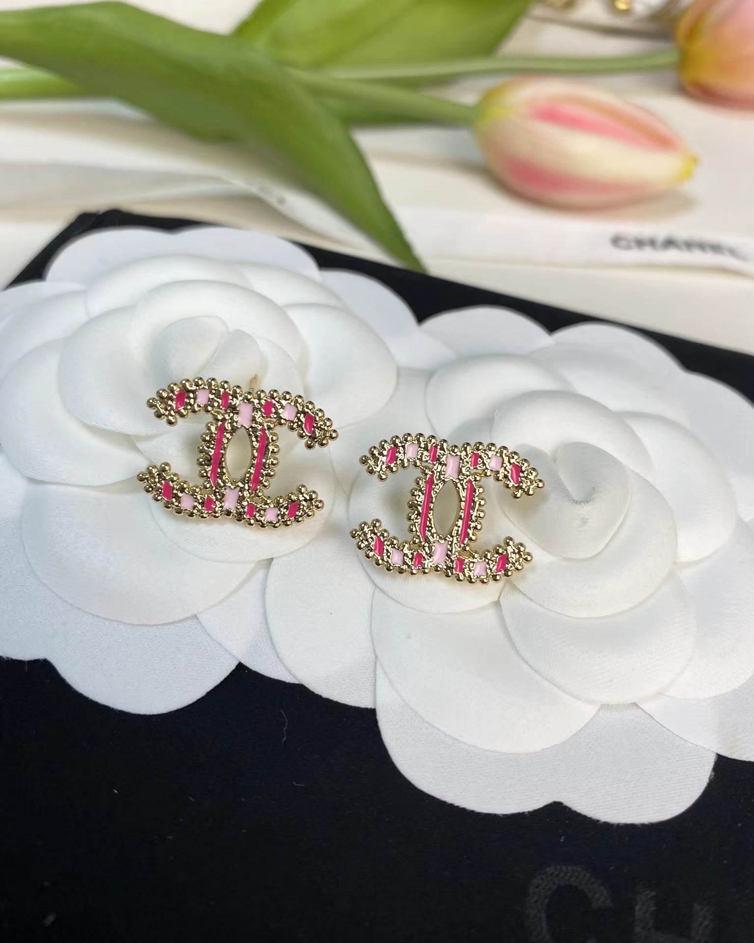 Replica Chanel Enamel Pink Double C Earrings