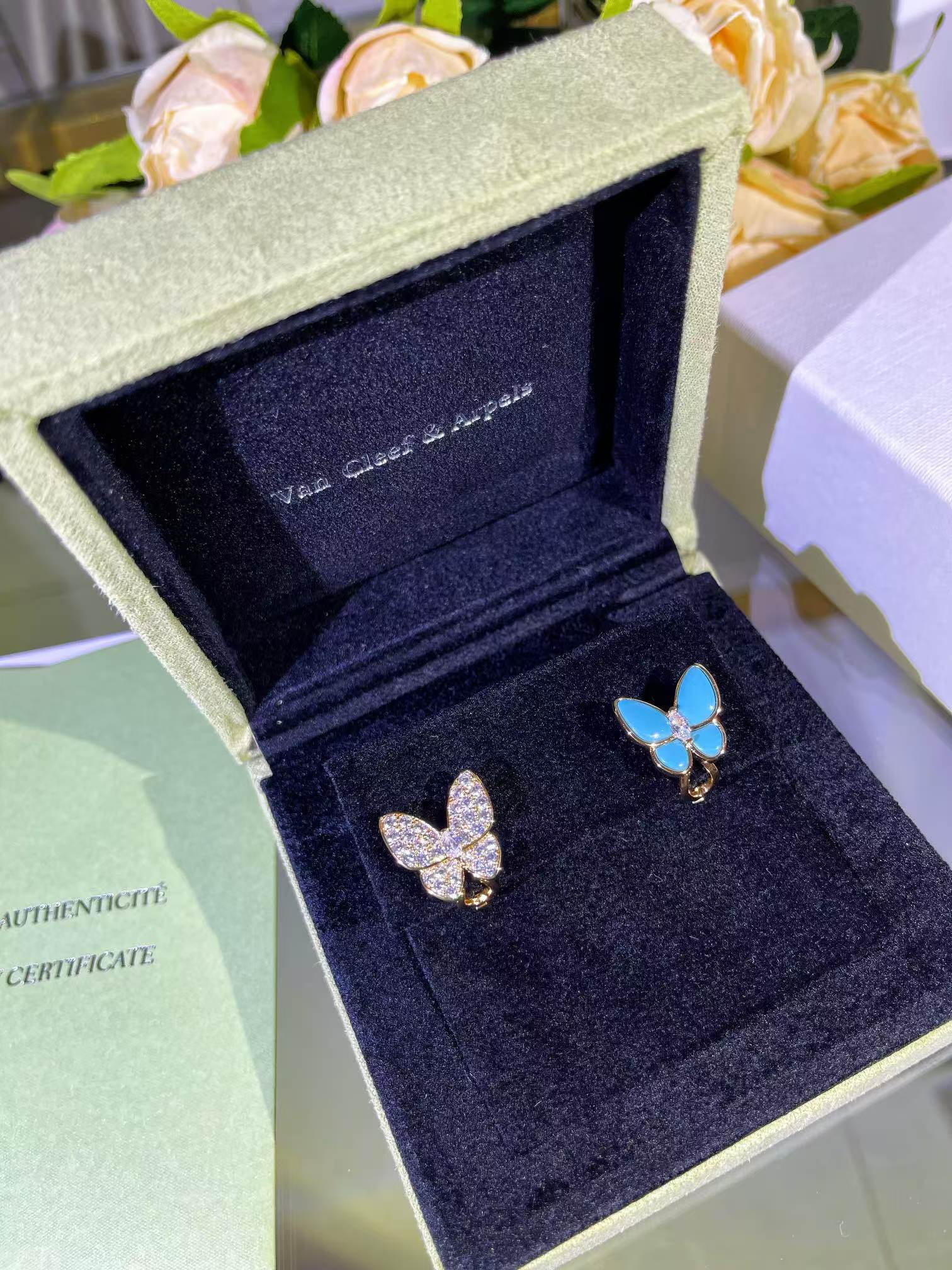 Replica Van Cleef & Arpels Blue & Diamond Two Butterfly Earrings