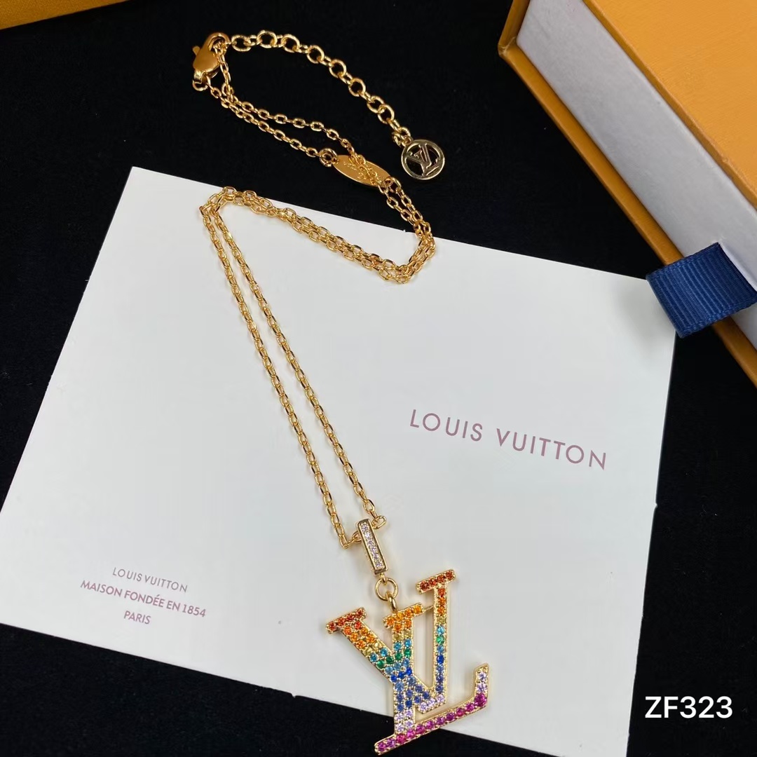 Replica Louis Vuitton Colorful Diamond LV Letters Pendant Necklace