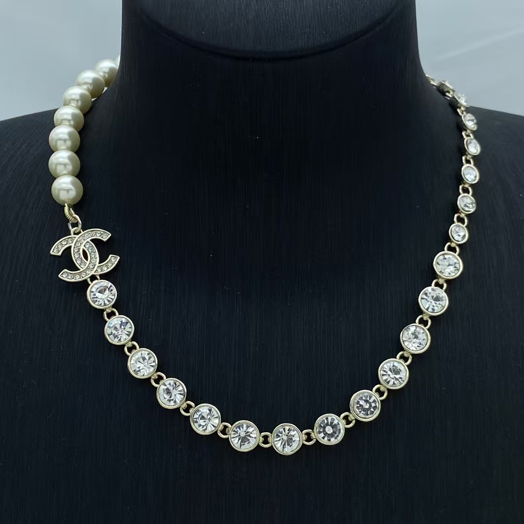 Replica Chanel  Half Diamond Chain and Half Pearl Necklace