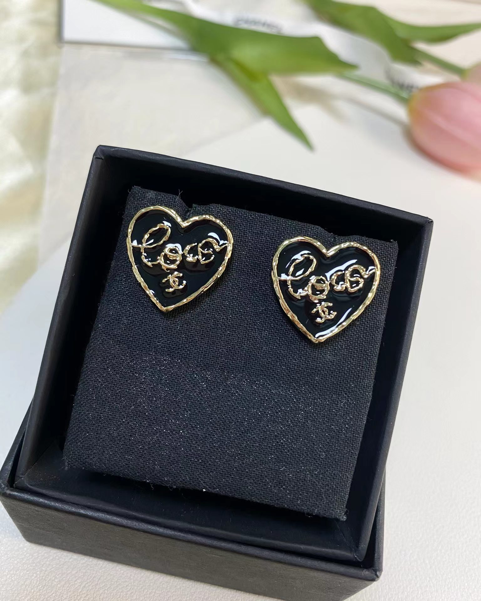 Replica Chanel Black Love Heart Stud Earrings