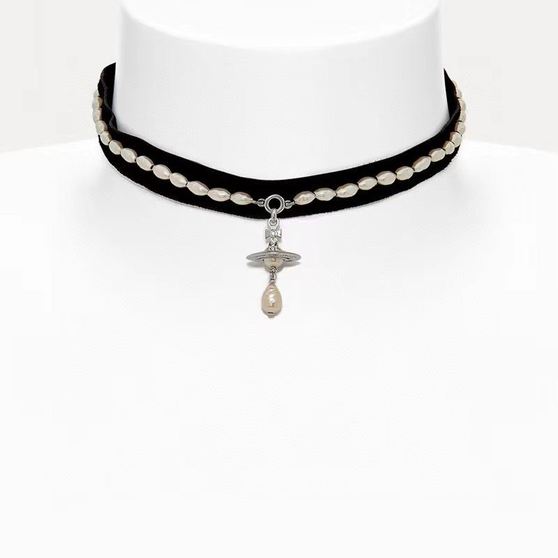 Replica Vivienne Westwood Ribbon Saturn with Teardrop Pearl Pendant Necklace