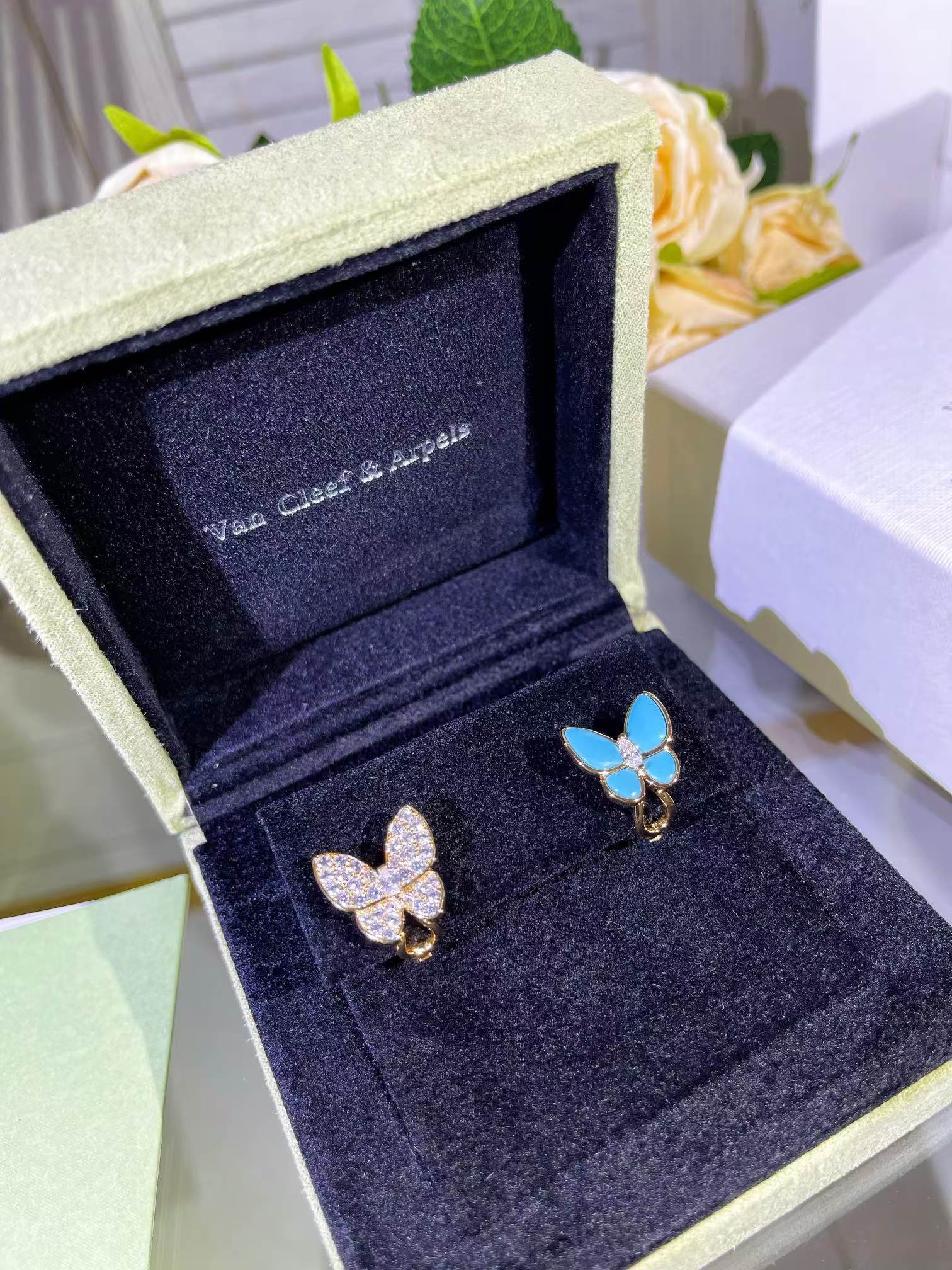 Replica Van Cleef & Arpels Blue & Diamond Two Butterfly Earrings