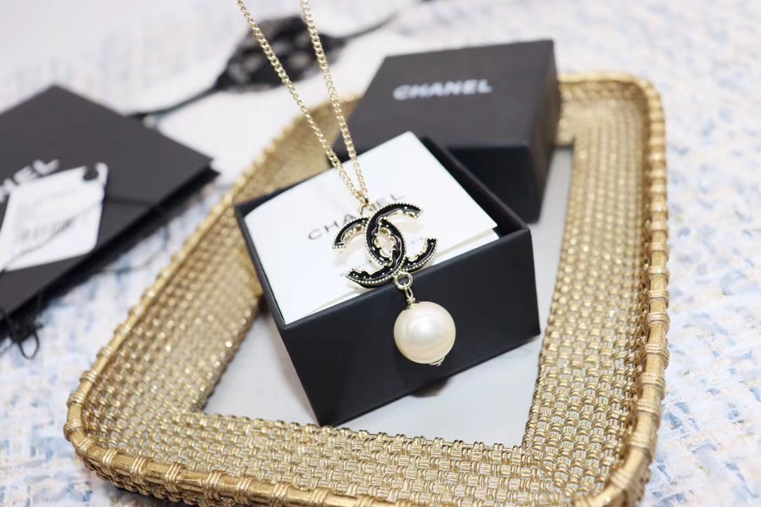 Replica Chanel Black Double C Pearl Drop Pendant Necklace