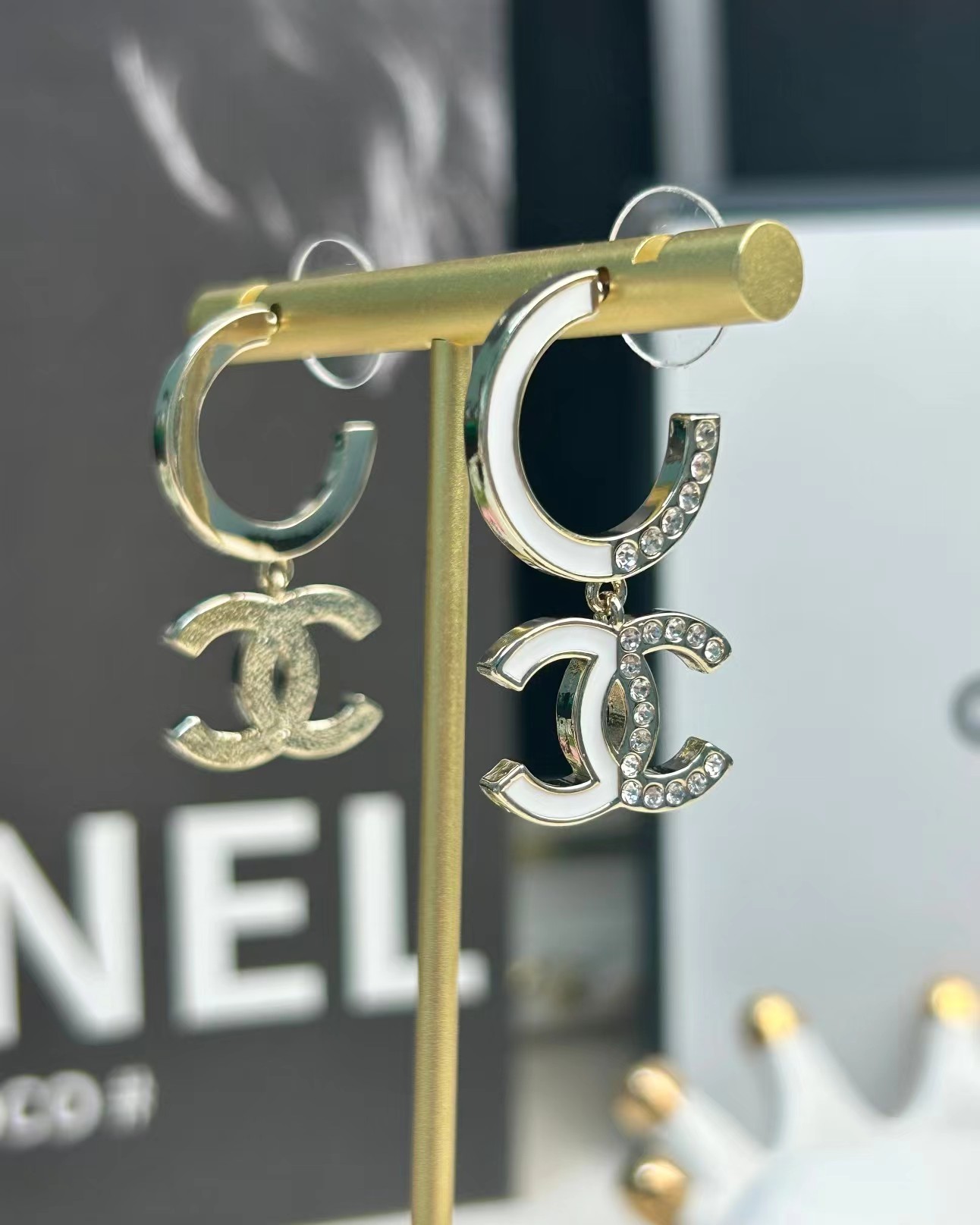 Replica Chanel Half Enamel Half Diamond Double C Earrings