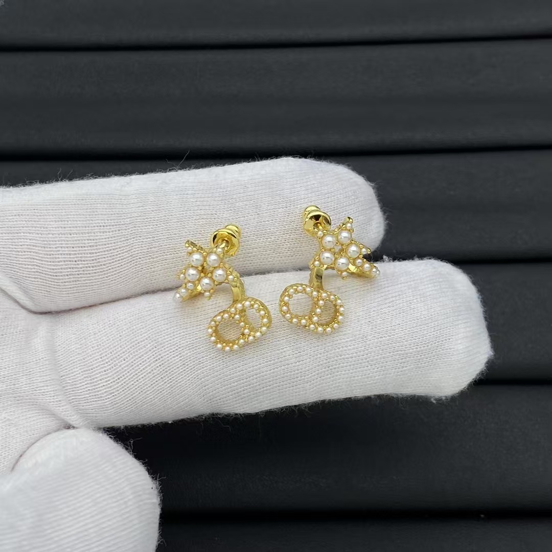 Replica Dior Pearl Paved Star CD Drop Earrings