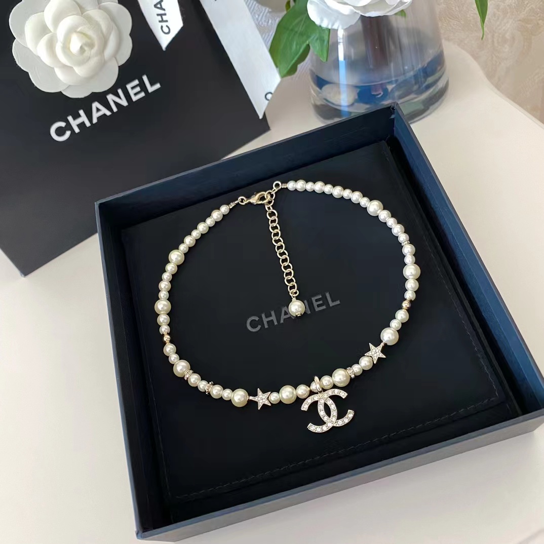 Replica Chanel Star Double C Pendant Pearl Necklace