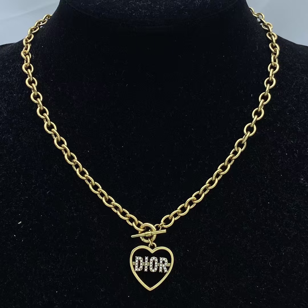 Replica Dior Heart Pendant Chunky Cuban Gold Chain OT Clasp Necklace