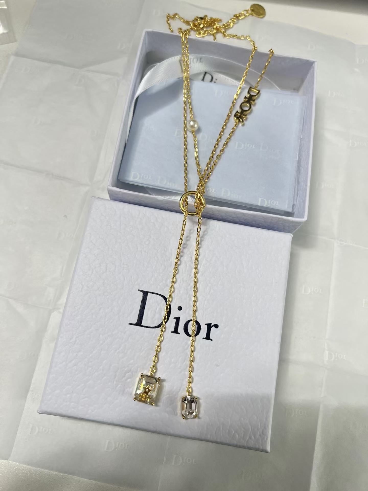 Replica Dior Two Layered Two String Diamond Pendant Drop Y Necklace