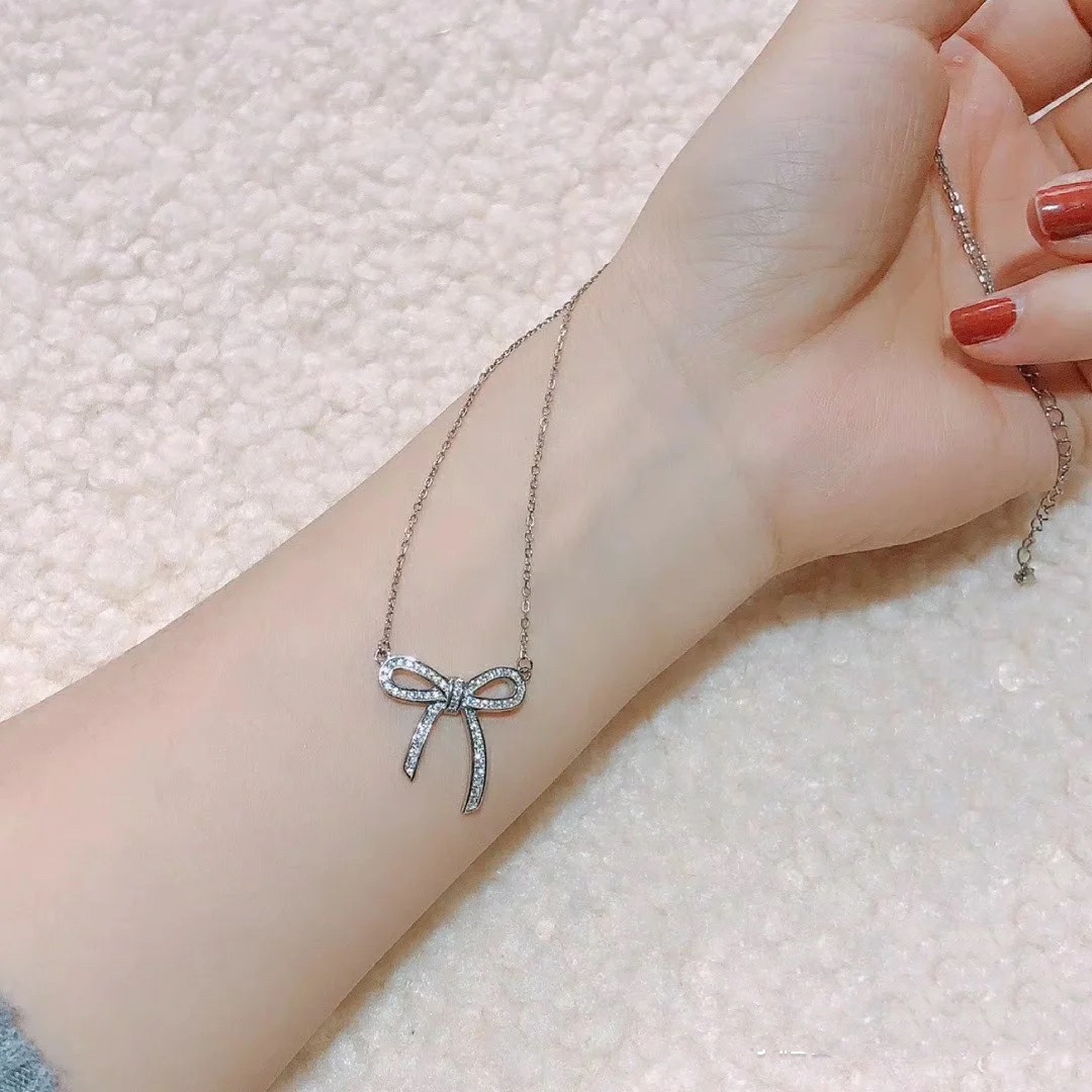 Replica Tiffany Large Full Diamond Bow Pendant Necklace