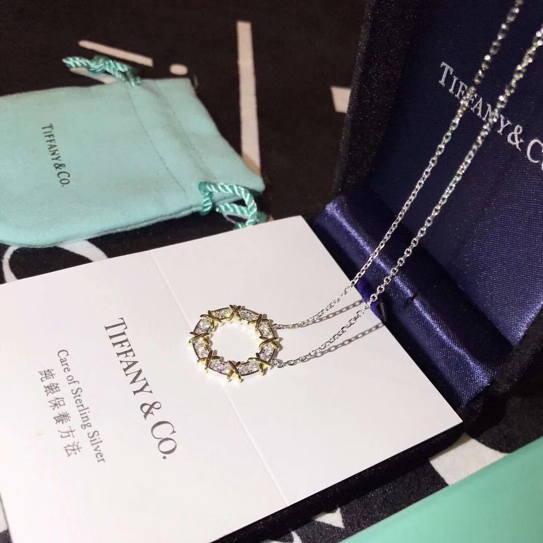 Replica Tiffany Mixed Metal Color Cross Round Pendant Necklace