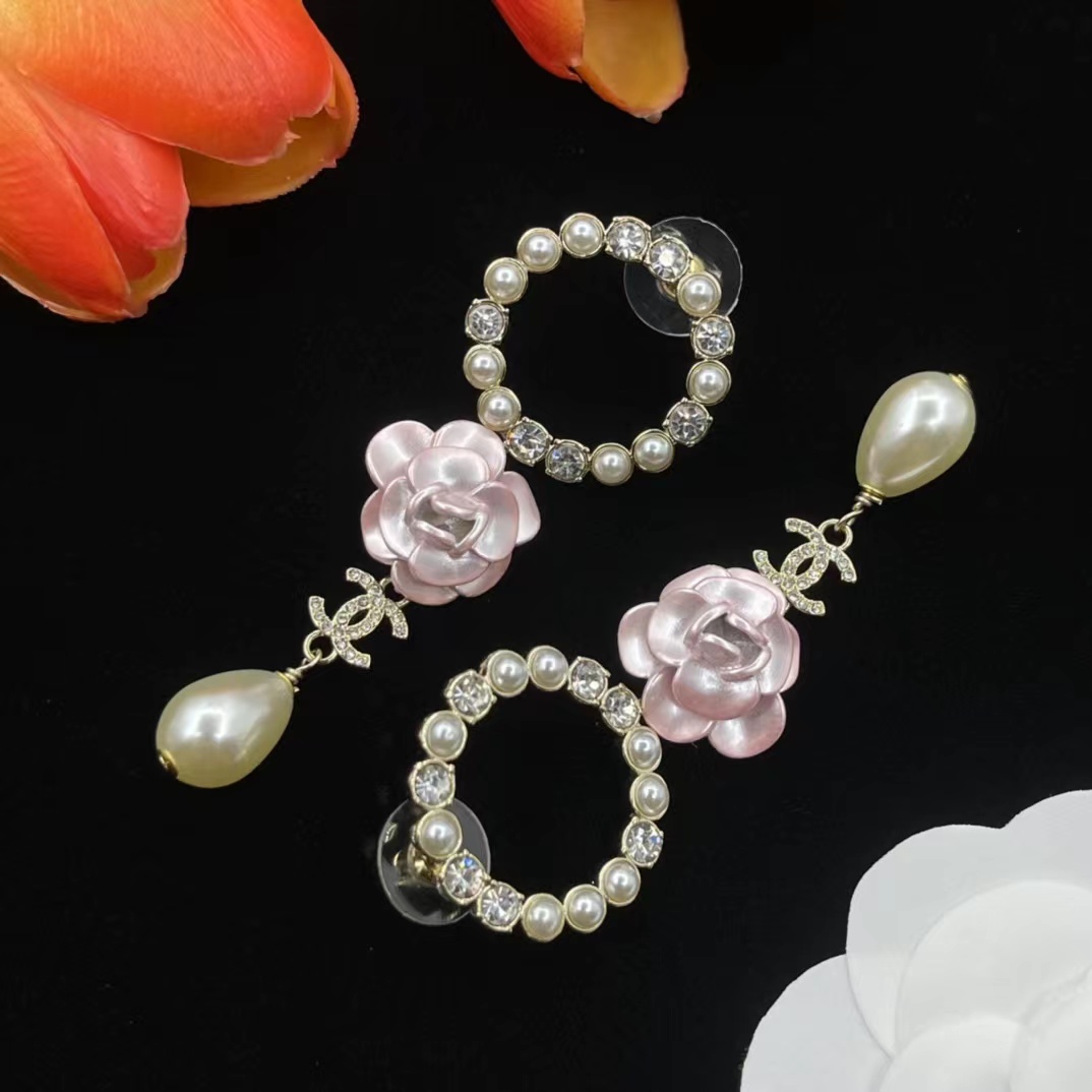 Replica Chanel Pink Camellia Pearl Dangle Earrings