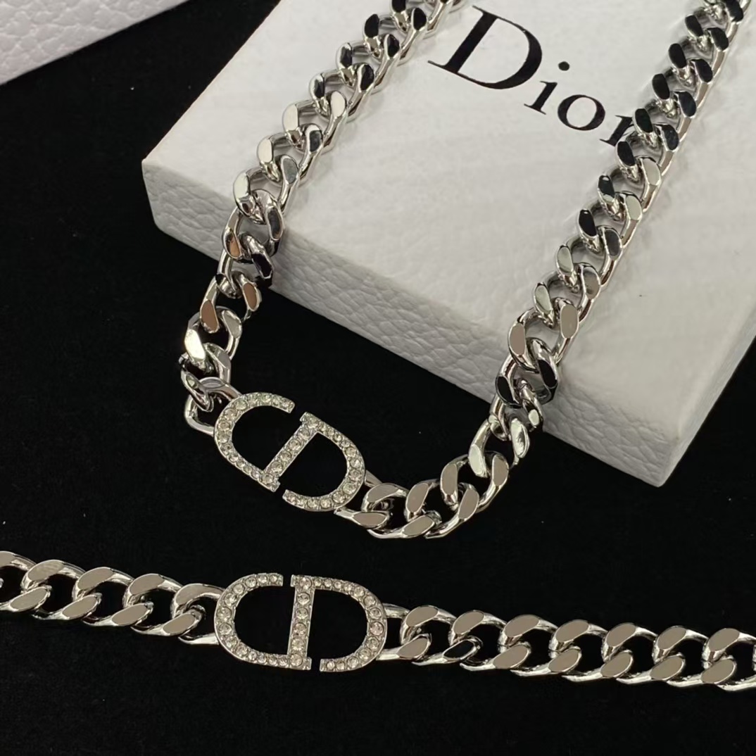 Replica Dior Chunky Silver Cuban Chain CD Necklace Bracelet