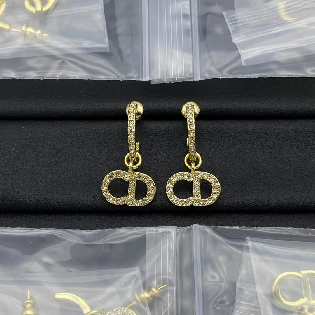 Replica Dior Diamond Paved Gold CD Drop Earring
