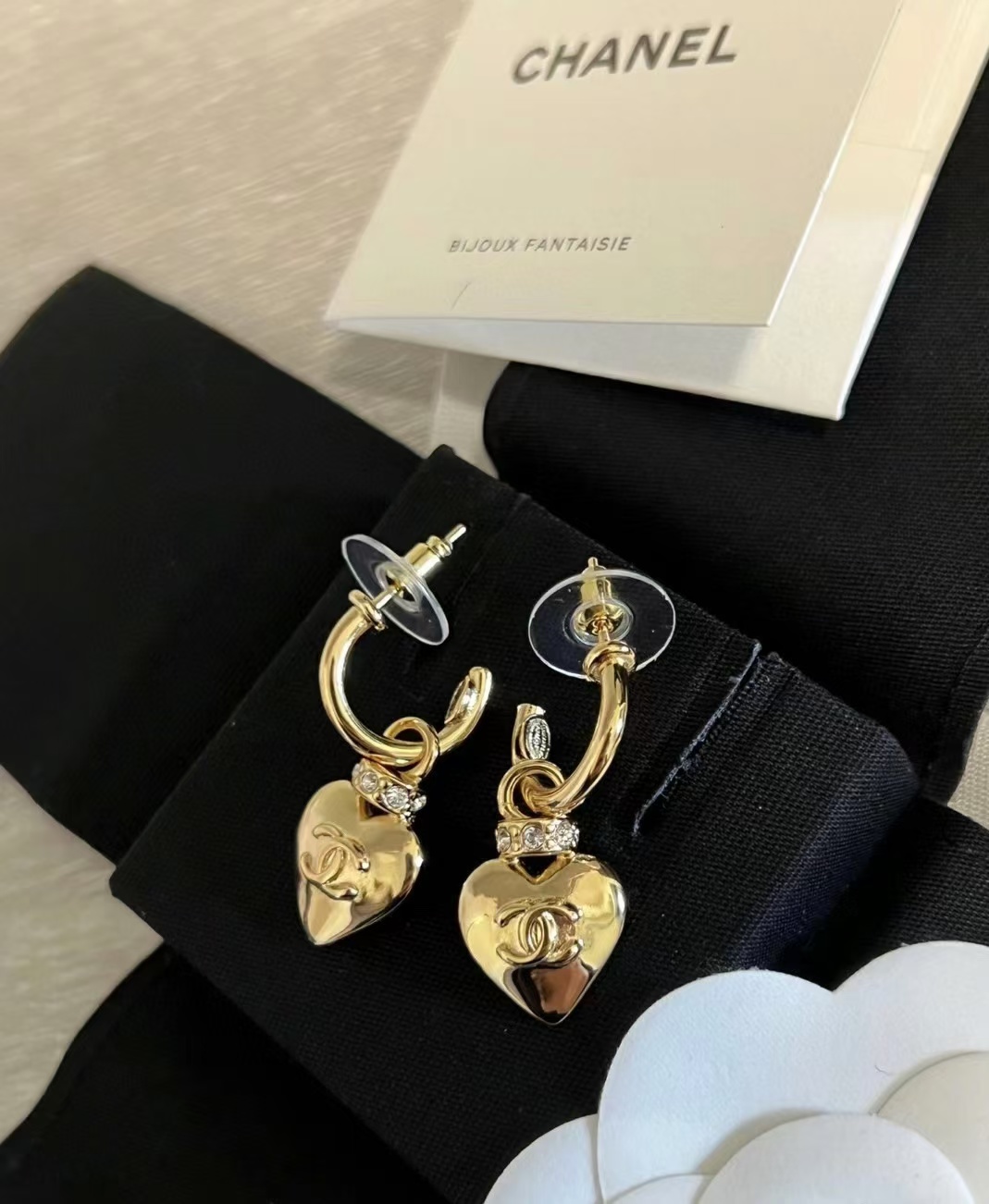 Replica Chanel Gold Hoop with Heart Dangle Earrings