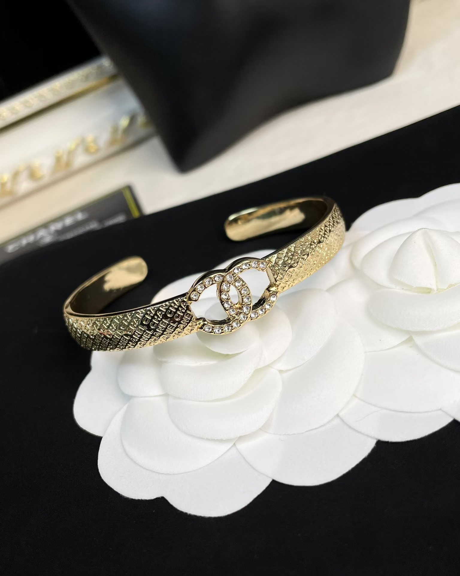 Replica Chanel Hollow Diamond Paved Double C Open Bangle Bracelet