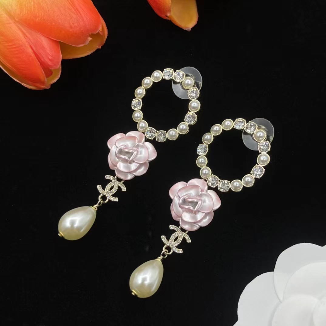 Replica Chanel Pink Camellia Pearl Dangle Earrings