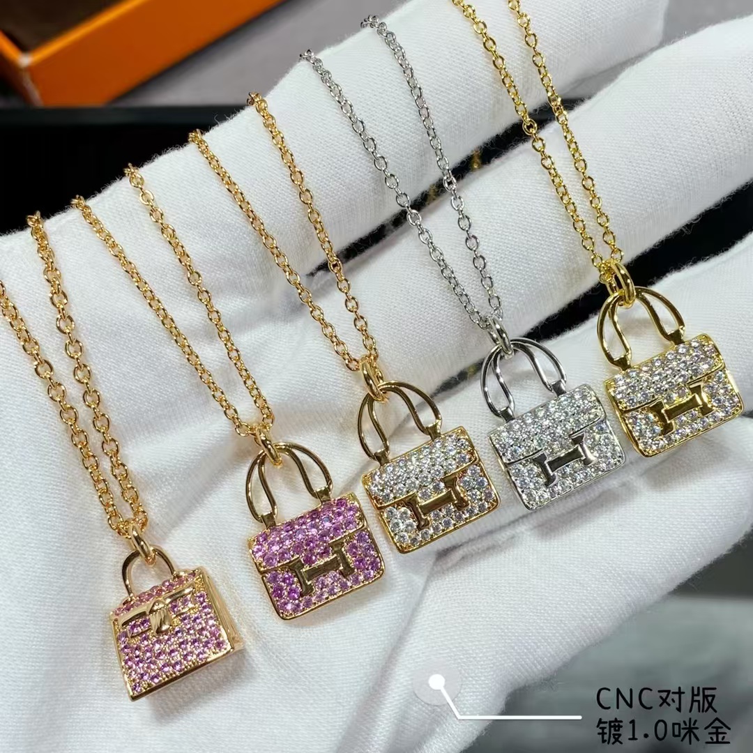 Replica Hermes Diamond Paved Bag Pendant Necklace