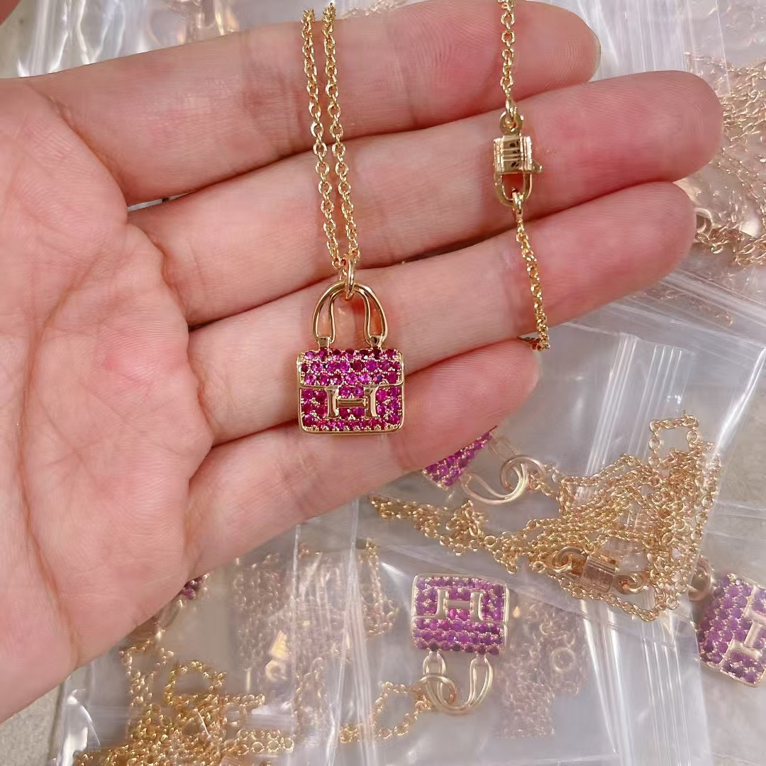 Replica Hermes Diamond Paved Bag Pendant Necklace