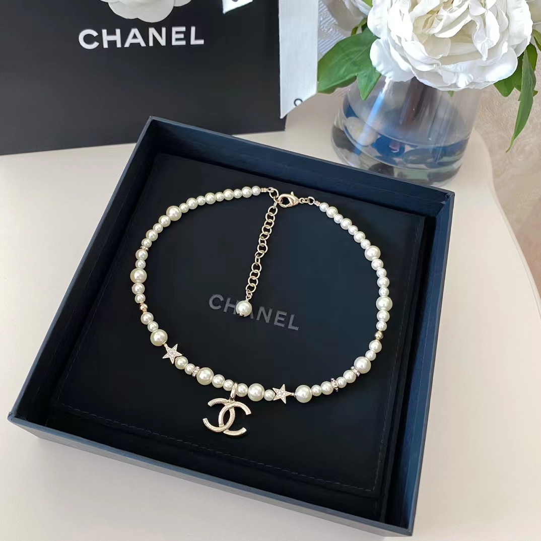 Replica Chanel Star Double C Pendant Pearl Necklace