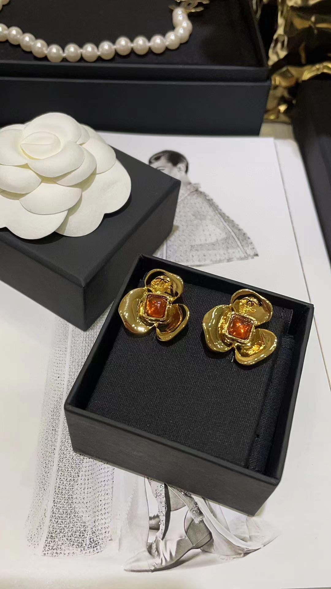 Replica Chanel Gold Camellia Stud Earrings