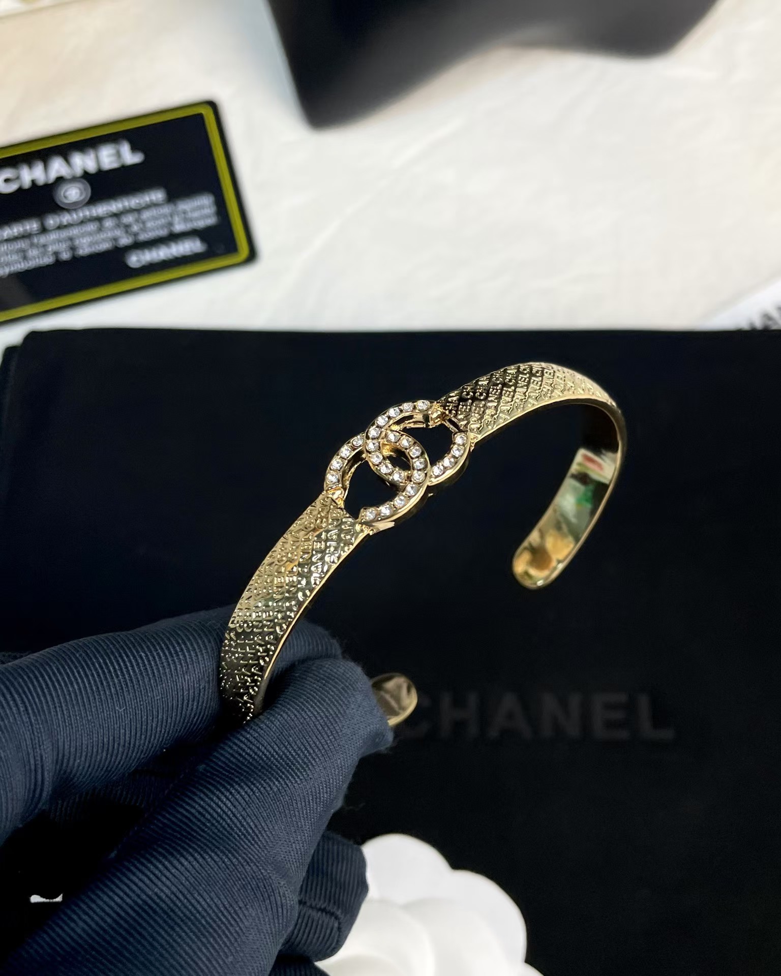 Replica Chanel Hollow Diamond Paved Double C Open Bangle Bracelet