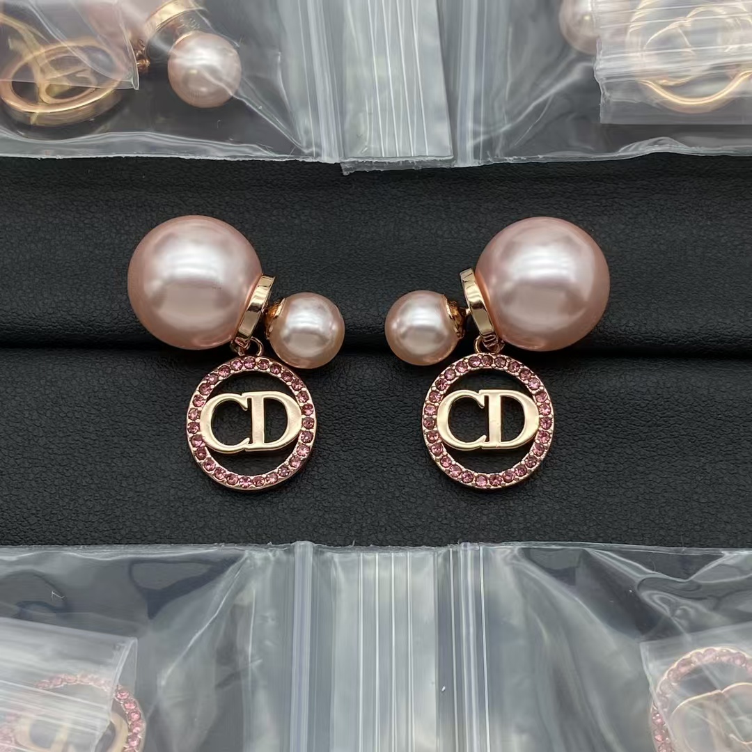 Replica Dior Rose Gold CD Dangle Pink Pearl Earrings