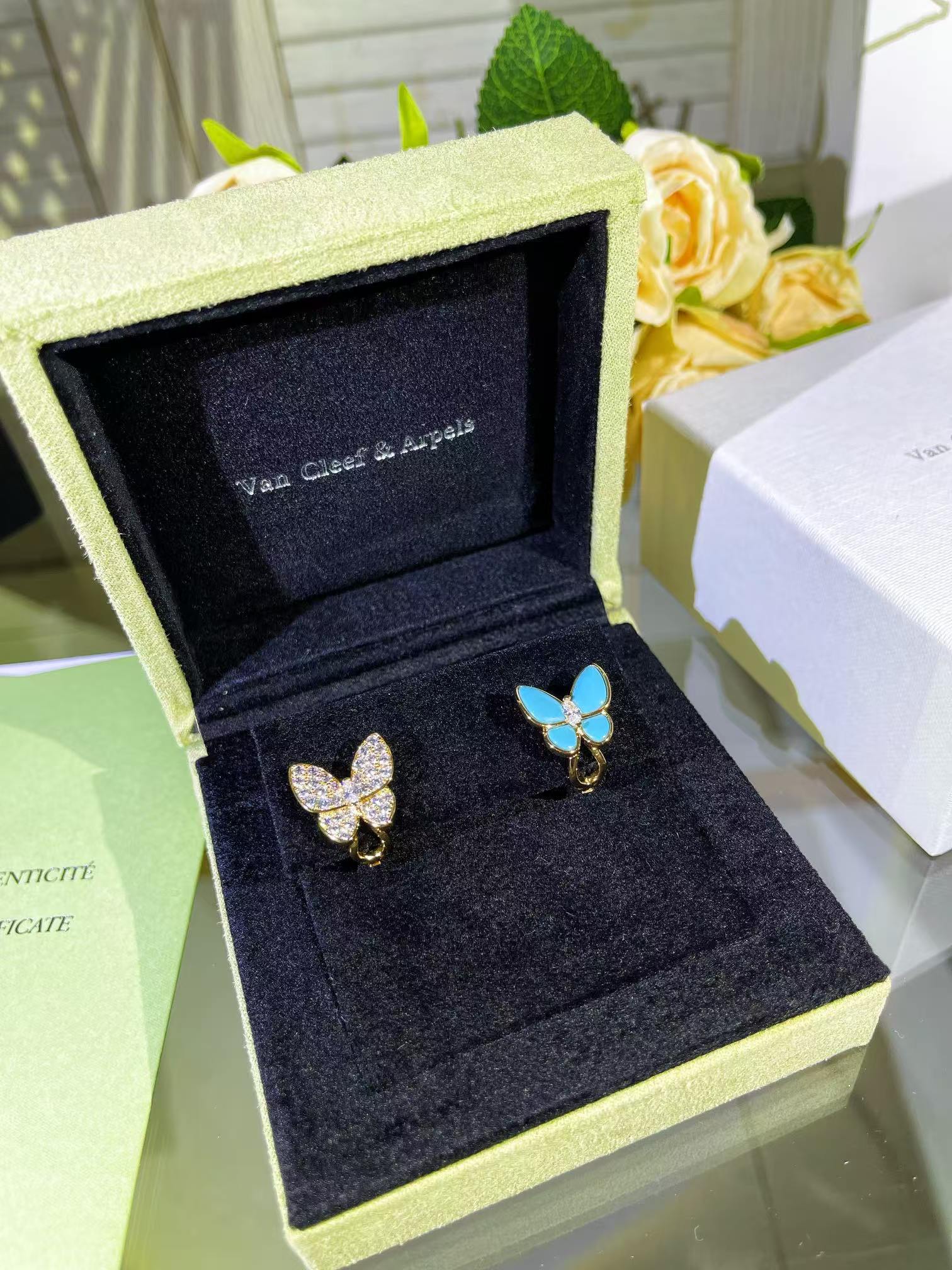 Replica Van Cleef & Arpels Blue & Diamond Two Butterfly Earrings