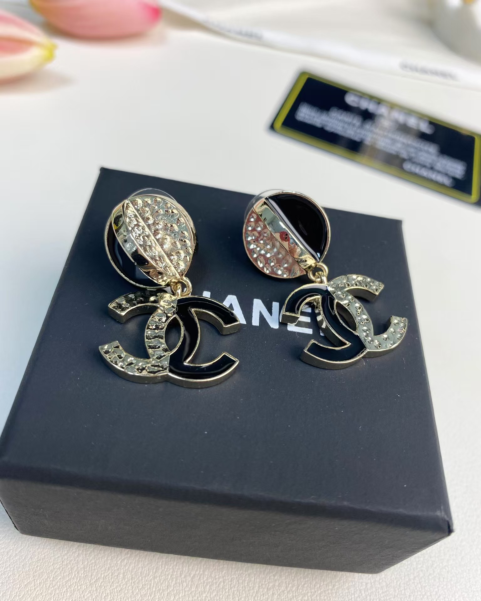Replica Chanel Half Black Enamel Double C Dangle Earrings
