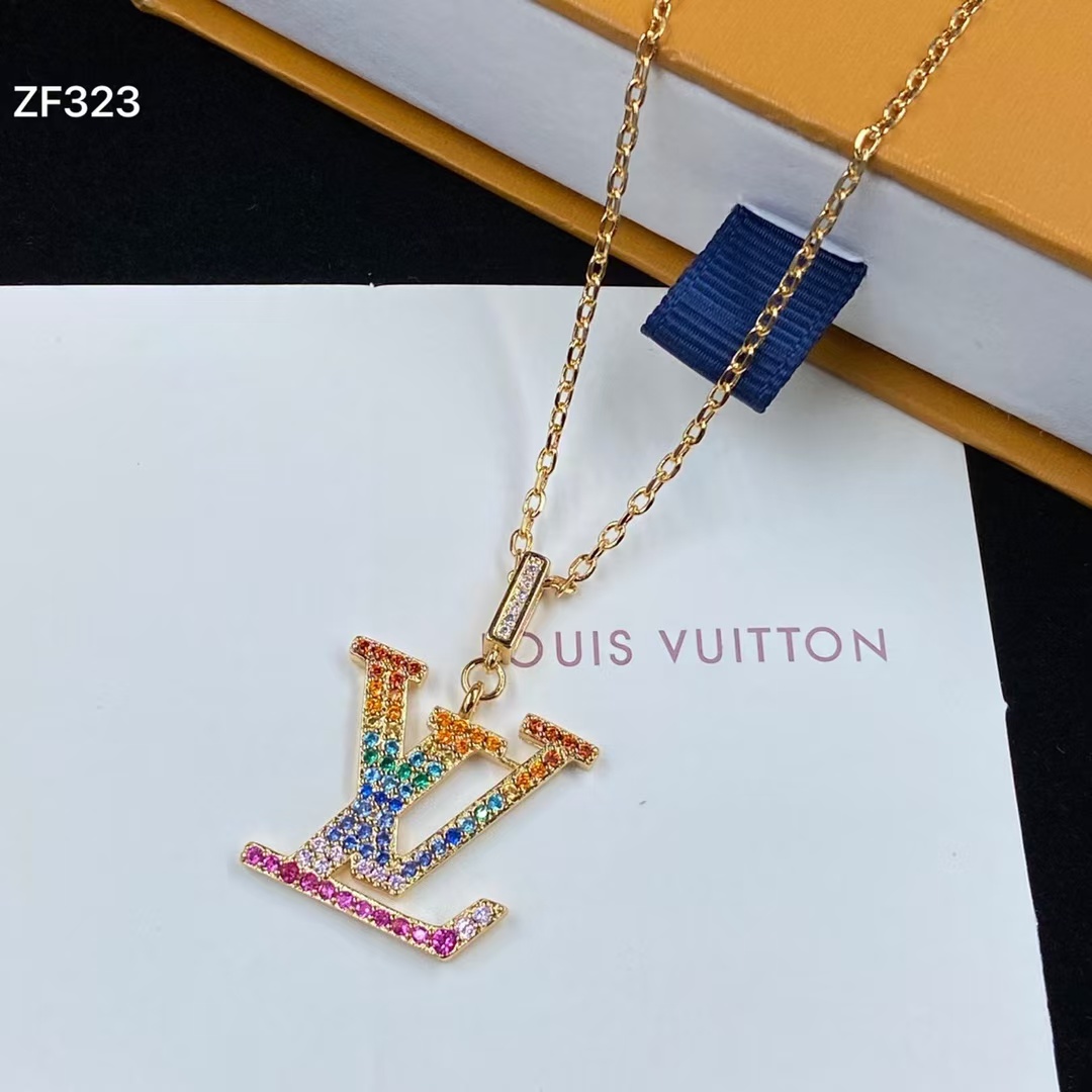 Replica Louis Vuitton Colorful Diamond LV Letters Pendant Necklace