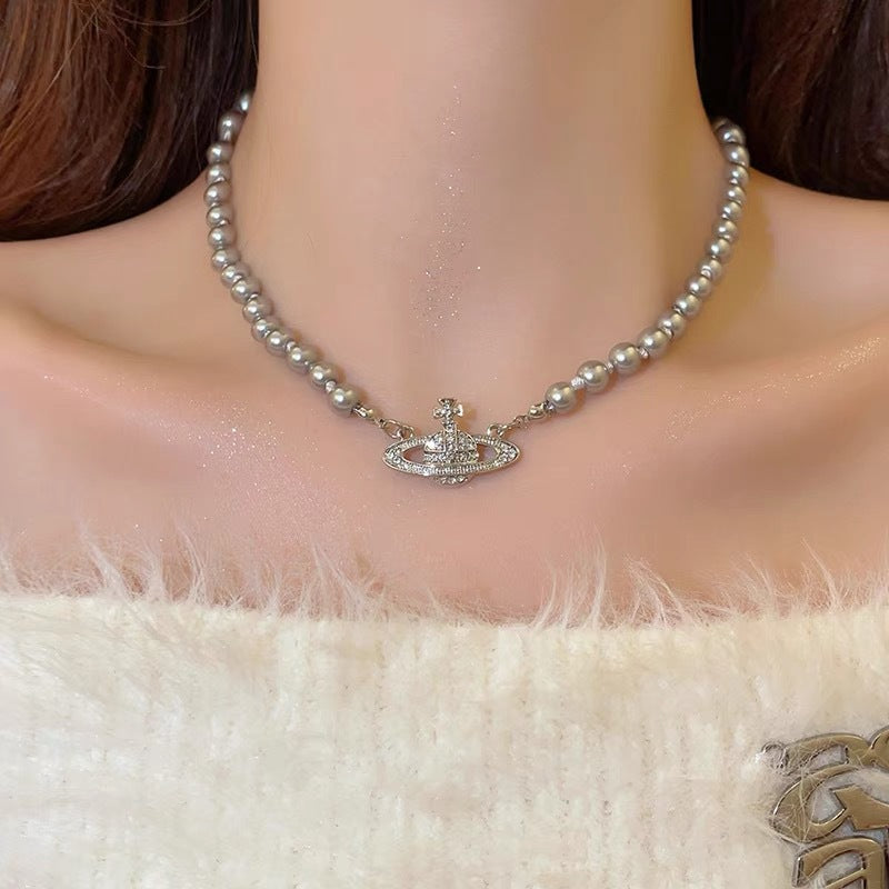 Replica Vivienne Westwood Saturn Pendant Grey Pearl Necklace