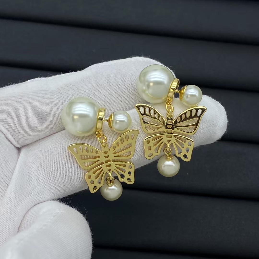 Replica Dior Gold Butterfly Pearl Drop Earrings