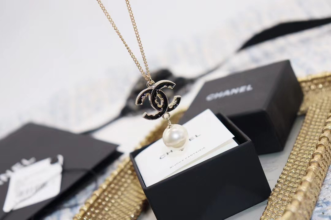 Replica Chanel Black Double C Pearl Drop Pendant Necklace