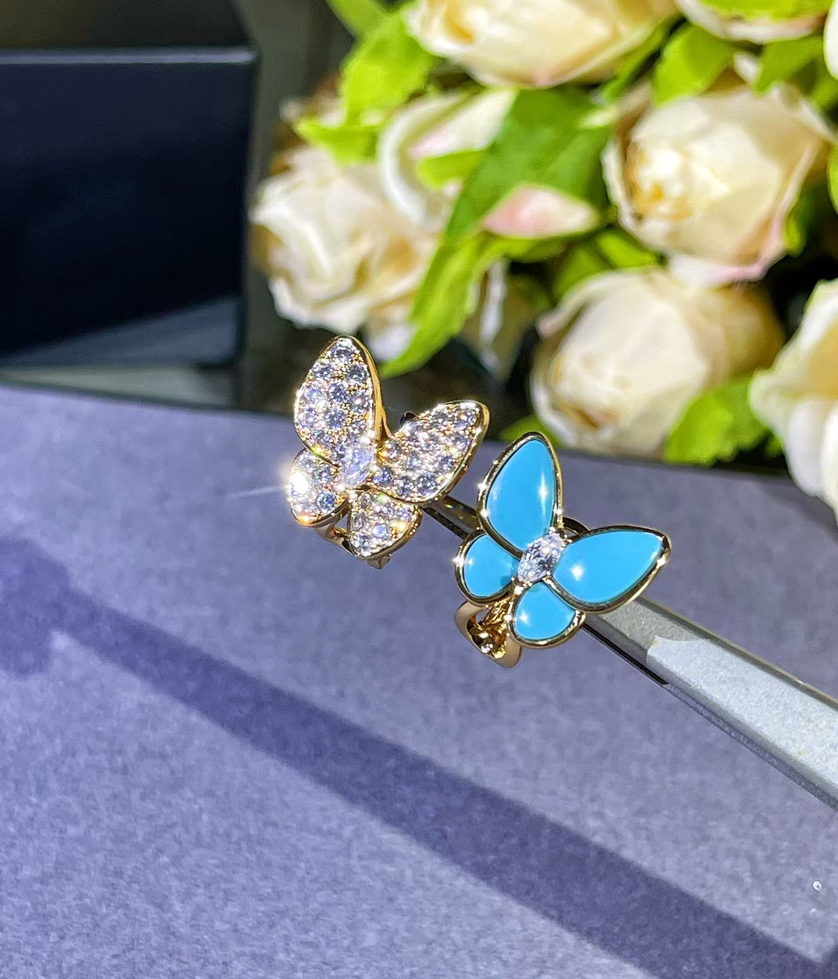 Replica Van Cleef & Arpels Blue & Diamond Two Butterfly Earrings
