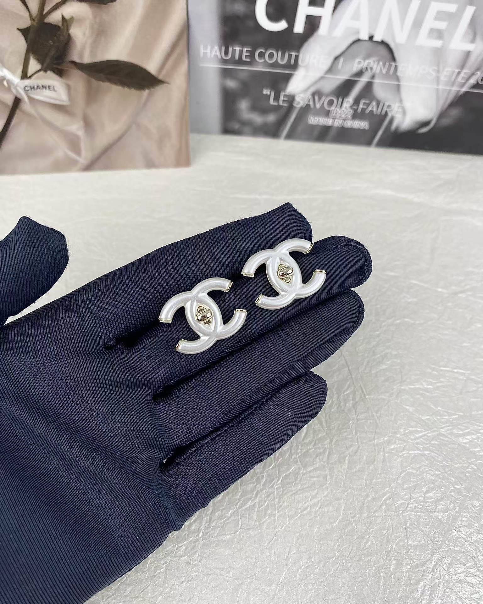 Replica Chanel White Double C Stud Earrings