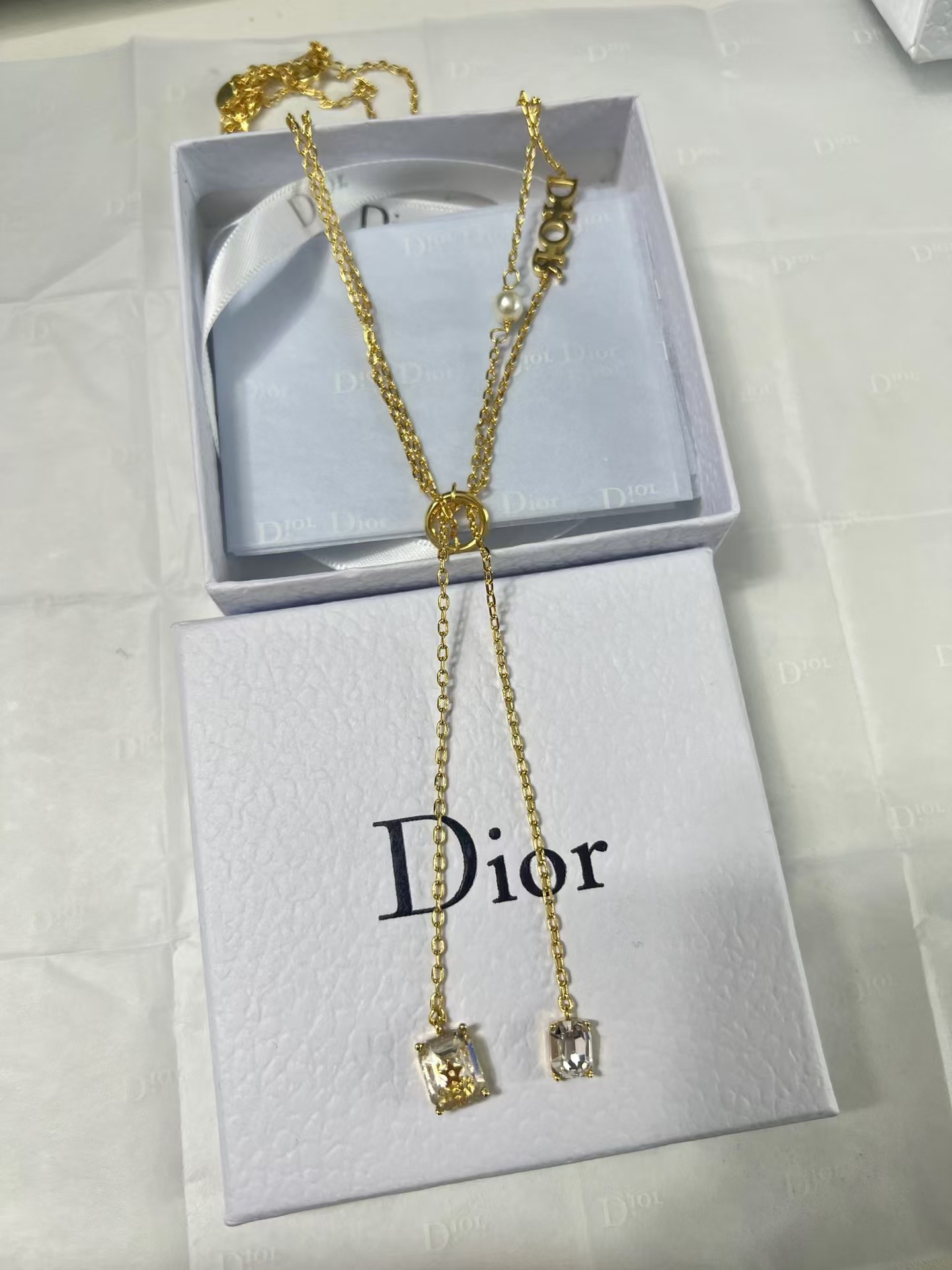 Replica Dior Two Layered Two String Diamond Pendant Drop Y Necklace