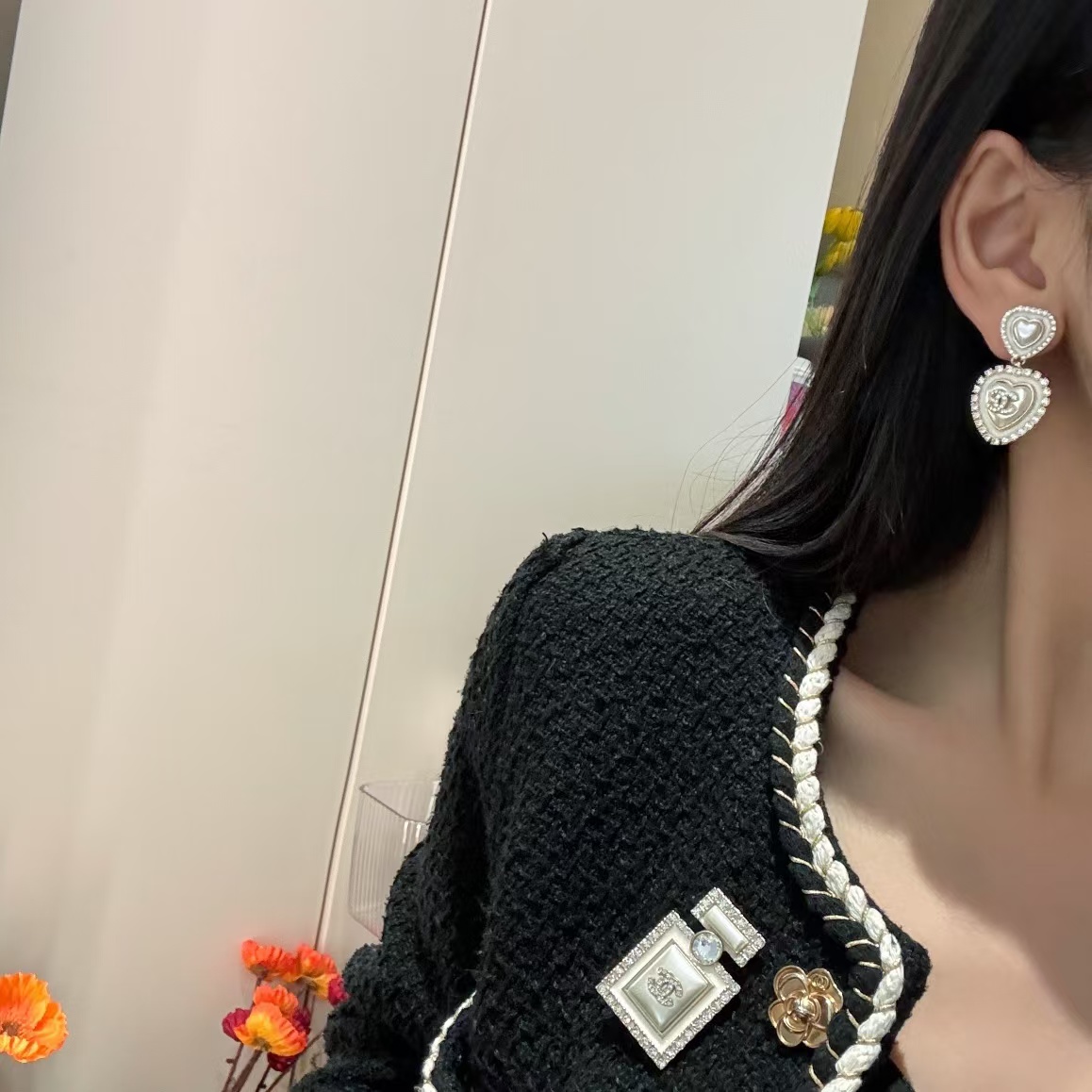 Replica Chanel Two Heart Dangle Pearl Earrings