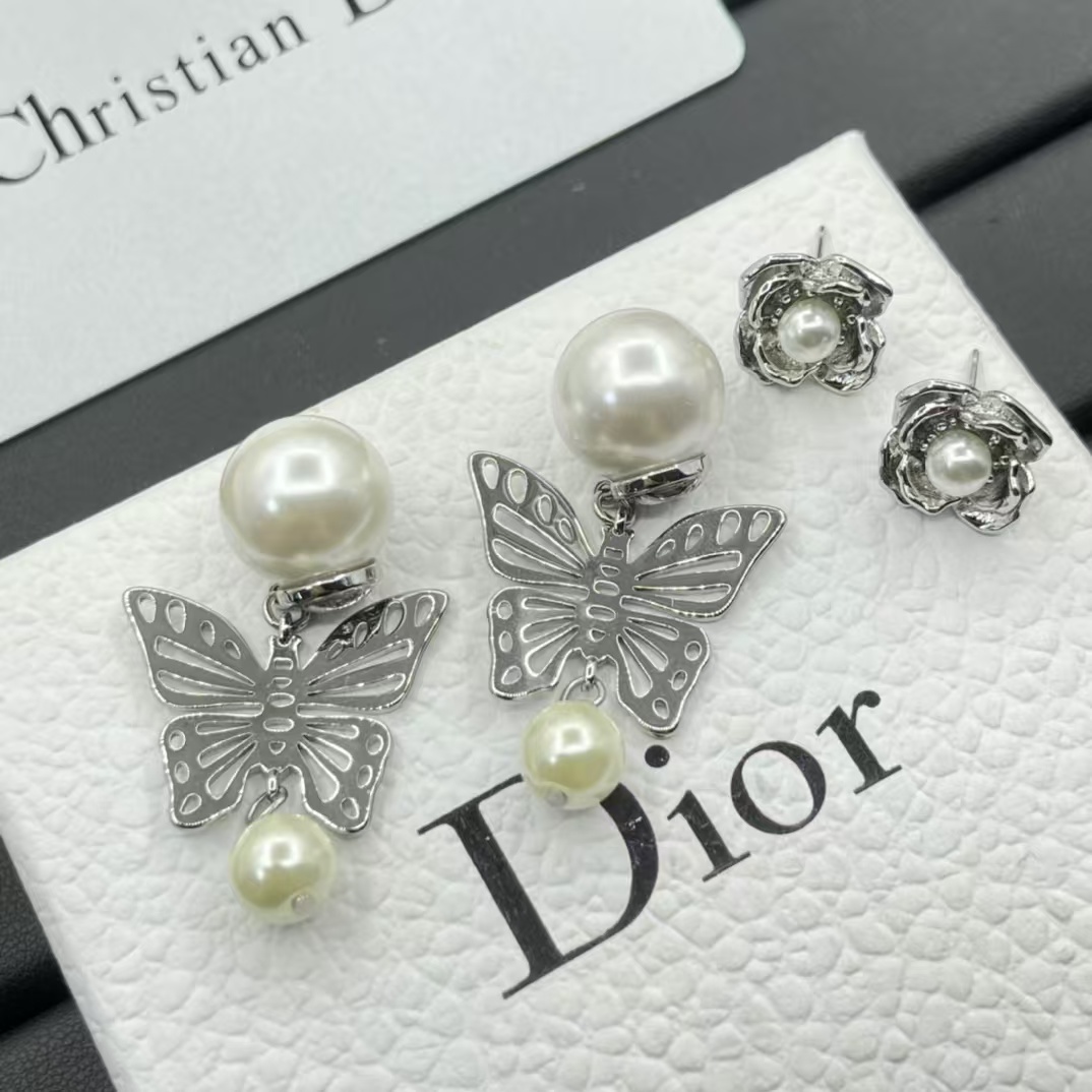 Replica Dior Silver Butterfly Pearl Earrings