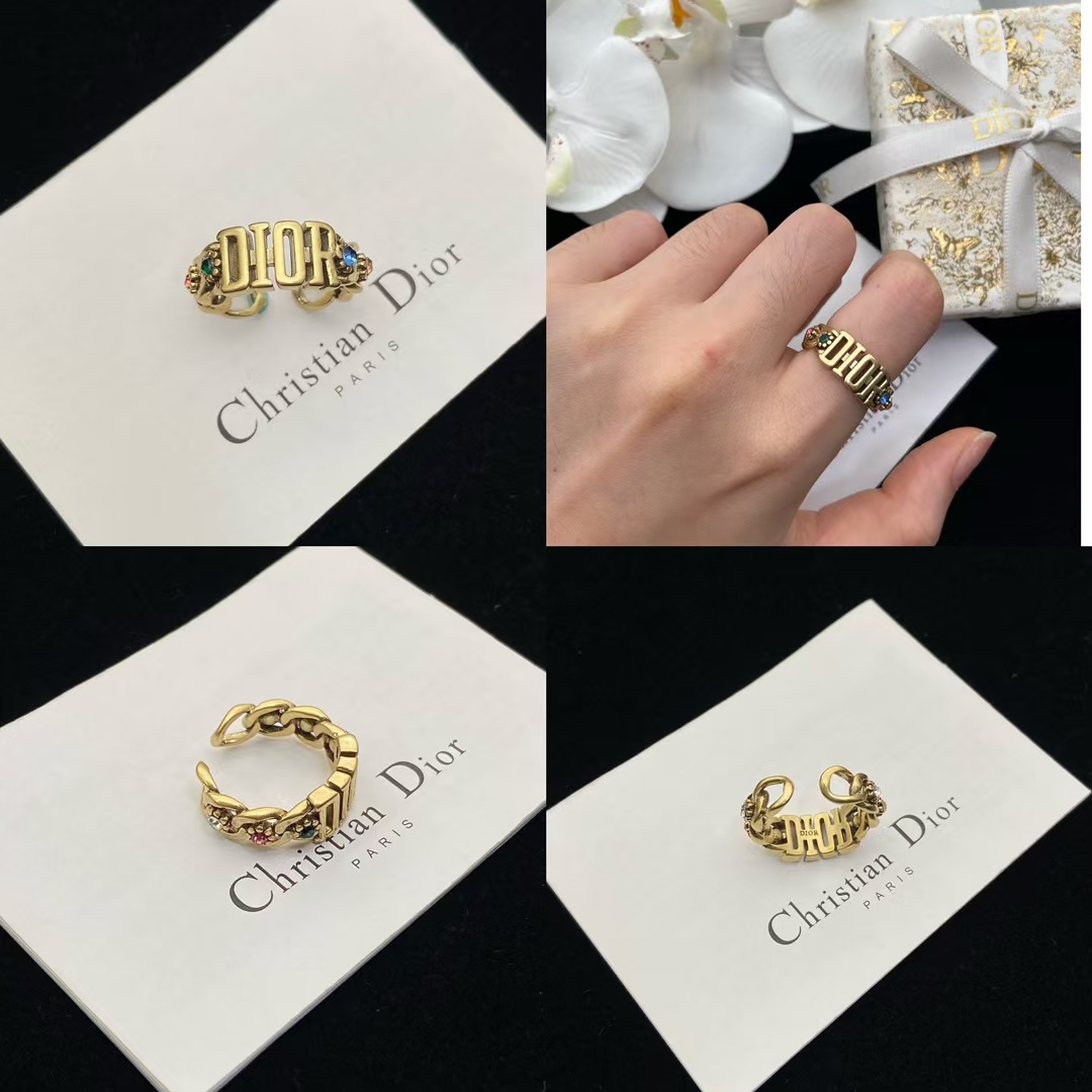 Replica Dior Letters Color Gem Paved Open Ring