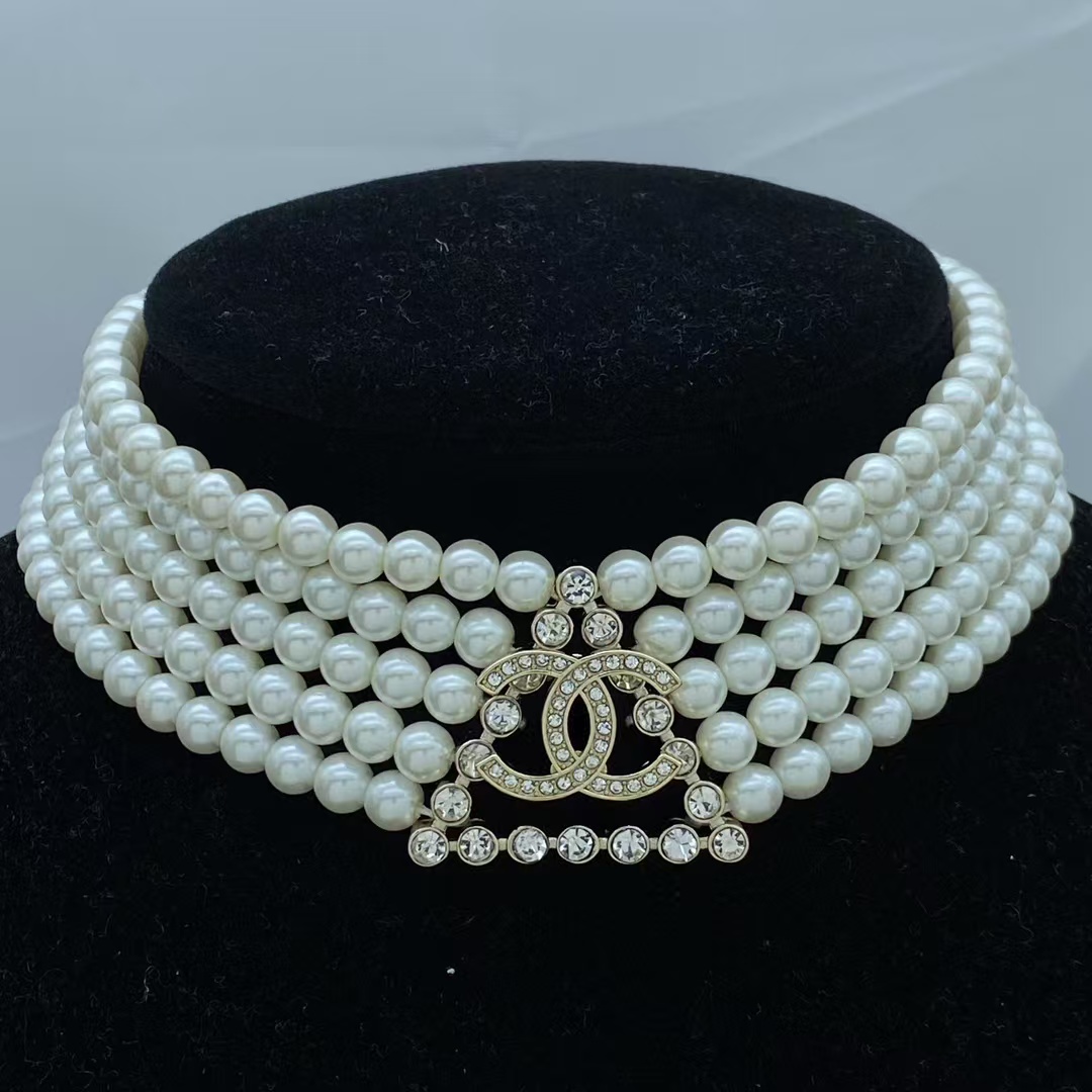 Replica Chanel Triangle 5 Rows Pearl Choker Necklace