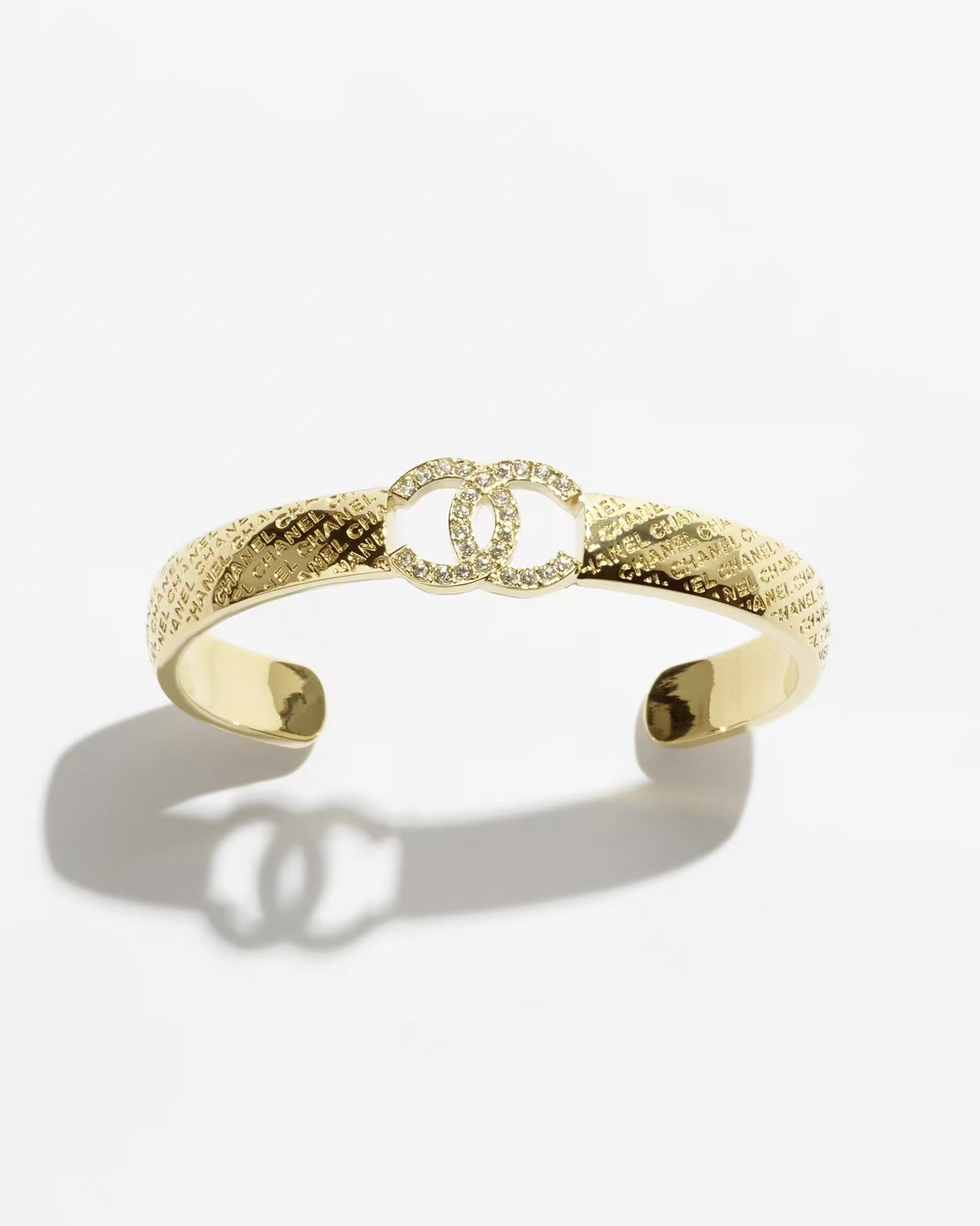 Replica Chanel Hollow Diamond Paved Double C Open Bangle Bracelet