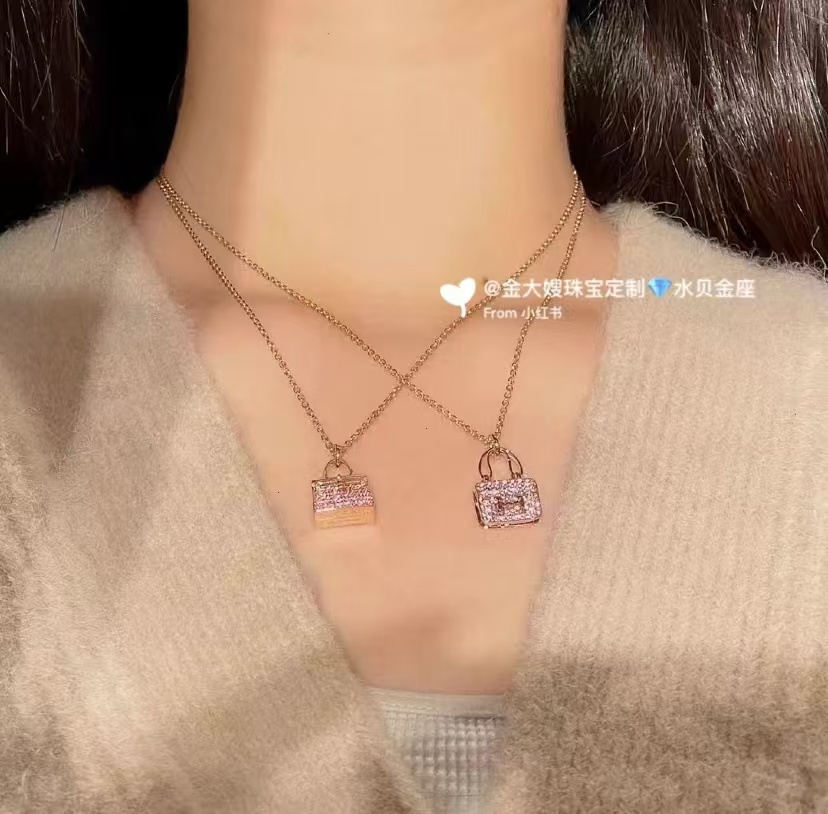Replica Hermes Diamond Paved Bag Pendant Necklace