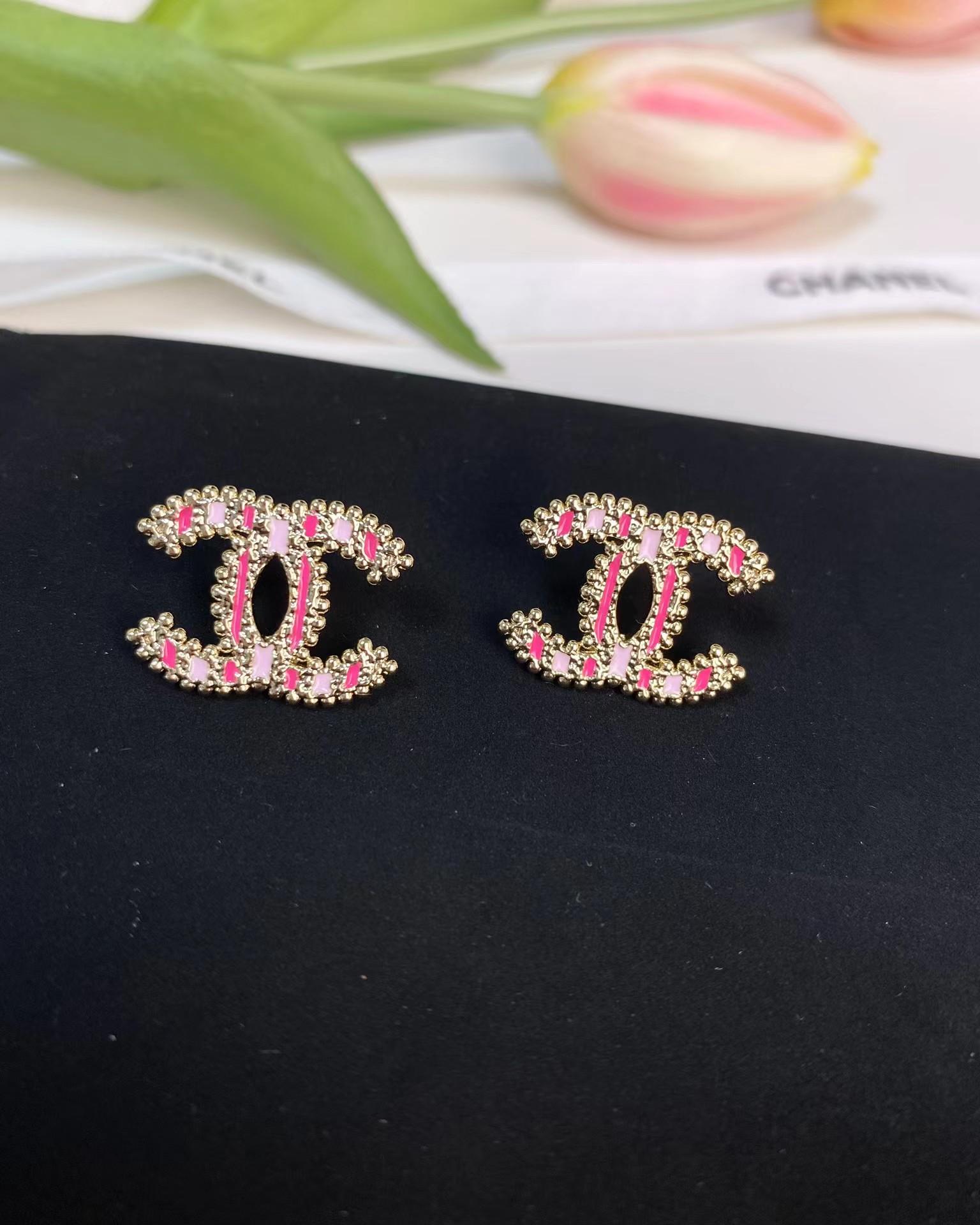 Replica Chanel Enamel Pink Double C Earrings