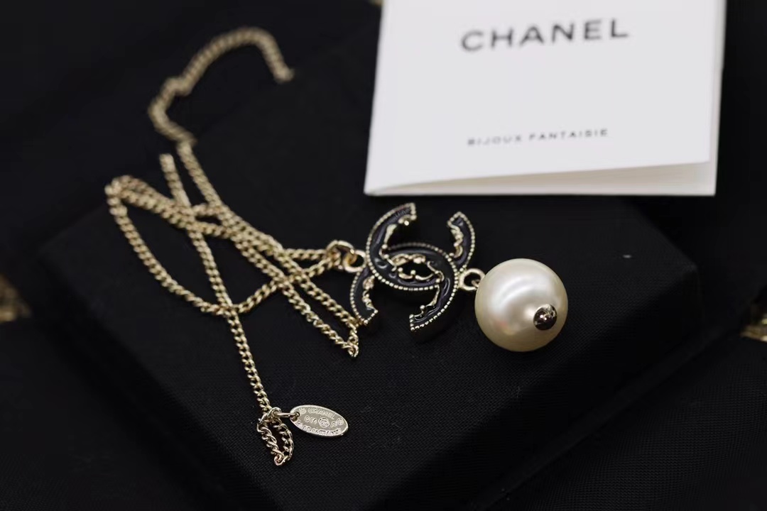 Replica Chanel Black Double C Pearl Drop Pendant Necklace